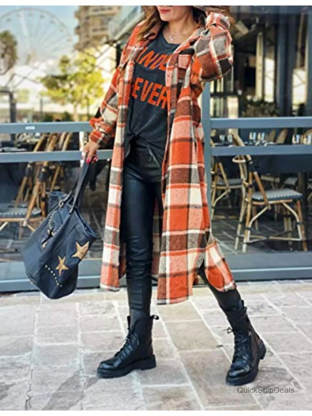 Wool Blend Plaid Flannel Trench Coat Women Button Down Long Shacket